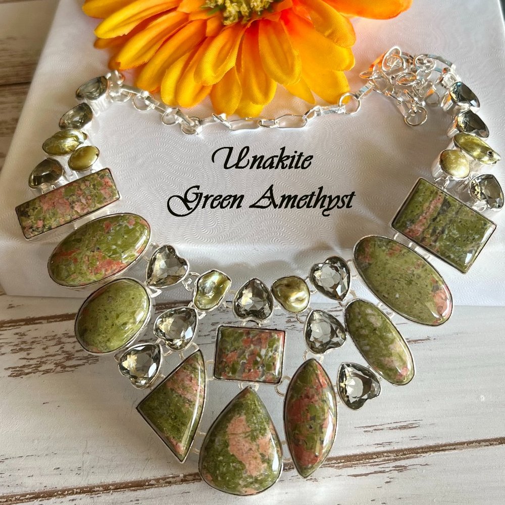 Unakite Green Amethyst Necklace Handmade Gemstone Large 925 Silver Bohemian New!